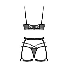 Комплект Obsessive Blomentis 3-pcs set, XL/2XL, мягкий лиф, стринги со стрепами, пояс с гартерами