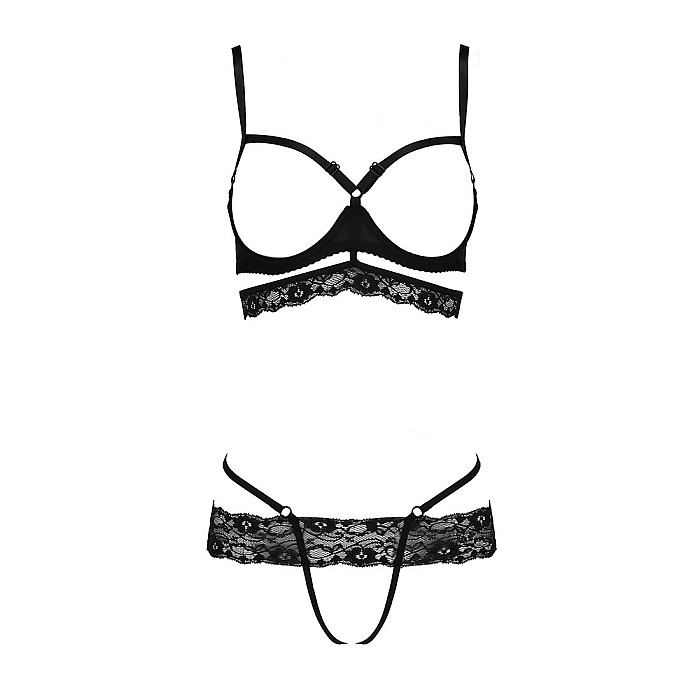 Комплект білизни Passion Exclusive SARIA SET OpenBra S/M, black, стрепи, відкритий ліф, стрінги