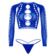 Комплект бесшовного белья Leg Avenue Long sleeve crop top & string Royal Blue One Size, топ, стринги