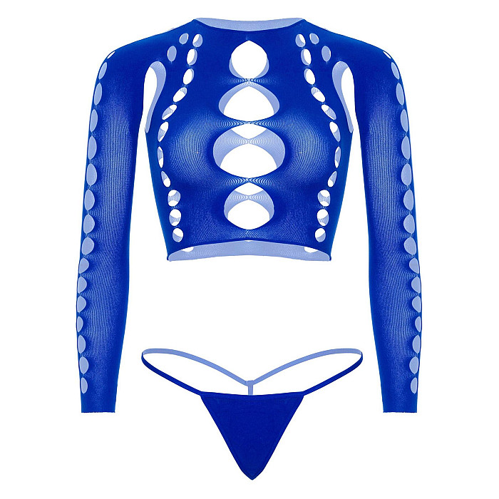 Комплект бесшовного белья Leg Avenue Long sleeve crop top & string Royal Blue One Size, топ, стринги