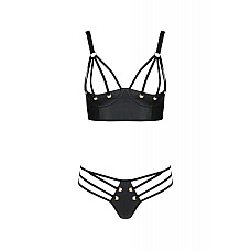 Комплект из экокожи Passion MALWIA BIKINI 6XL/7XL black, с люверсами и ремешками, бра, трусики