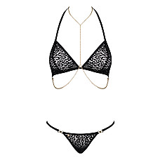 Комплект с цепочками Obsessive Pantheria 2-pcs set black S/M, бюстгальтер, трусики