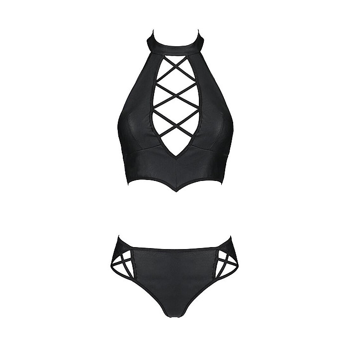 Комплект из эко-кожи Passion NANCY BIKINI S/M, black, бра и трусики с имитацией шнуровки