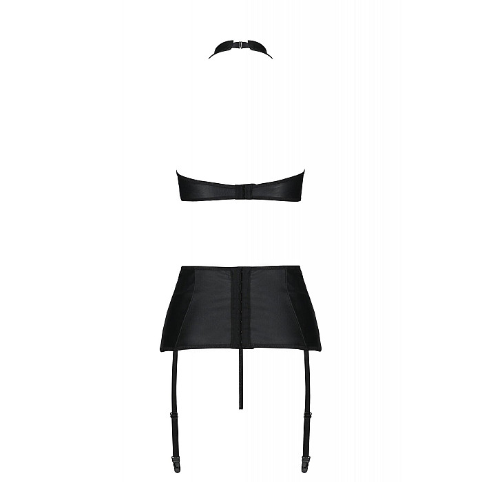 Комплект из экокожи Passion NANCY SET 6XL/7XL black, имитация шнуровки, топ, пояс для чулок