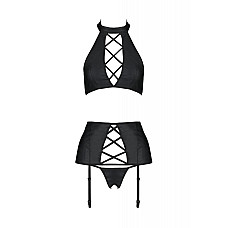 Комплект из экокожи Passion NANCY SET 6XL/7XL black, имитация шнуровки, топ, пояс для чулок