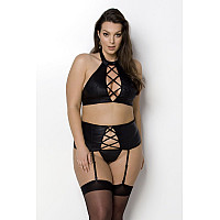 Комплект из экокожи Passion NANCY SET 6XL/7XL black, имитация шнуровки, топ, пояс для чулок