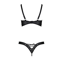 Комплект из экокожи Passion CELINE BIKINI S/M, black, открытый бра с лентами, стринги со шнуровкой