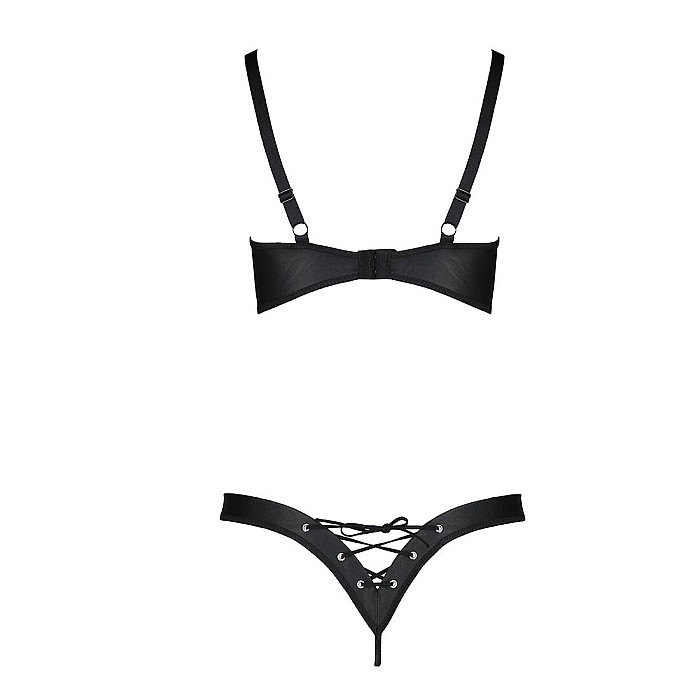 Комплект из экокожи Passion CELINE BIKINI S/M, black, открытый бра с лентами, стринги со шнуровкой