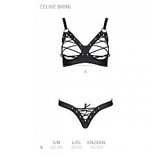 Комплект из экокожи Passion CELINE BIKINI S/M, black, открытый бра с лентами, стринги со шнуровкой