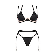 Комплект белья Obsessive Selinne 3-pcs set XS/S Black, бюстгальтер, стринги пояс для чулок
