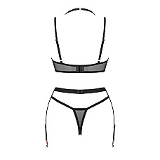 Комплект белья Obsessive Selinne 3-pcs set XS/S Black, бюстгальтер, стринги пояс для чулок