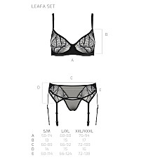 Комплект Passion LEAFA SET black, XXL/XXXL, кружево+сетка, бюстгальтер на косточках, стринги, пояс для чулок