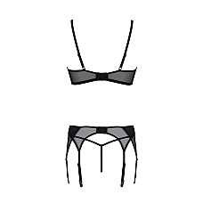 Комплект Passion LEAFA SET black, XXL/XXXL, кружево+сетка, бюстгальтер на косточках, стринги, пояс для чулок