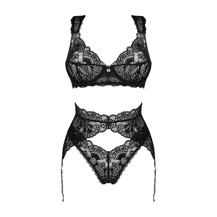 Комплект белья Obsessive Donna Dream 3-pcs set XL/2XL Black, бюстгальтер, стринги, пояс для чулок