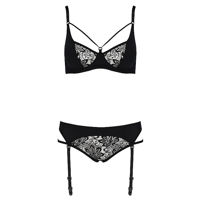 Комплект белья Passion PAULINE SET L/XL, black, стрэпы, лиф, стринги и пояс для чулок