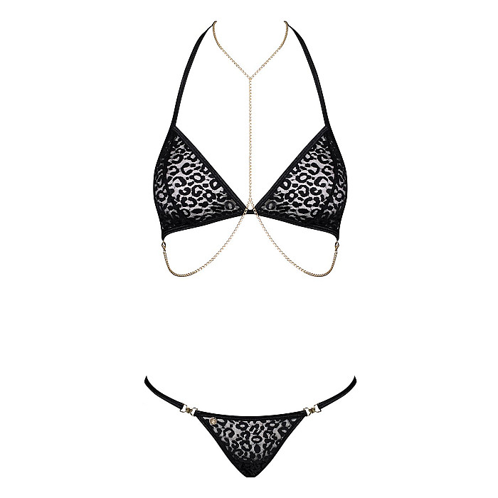Комплект із ланцюжками Obsessive Pantheria 2-pcs set black L/XL, бюстгальтер, трусики