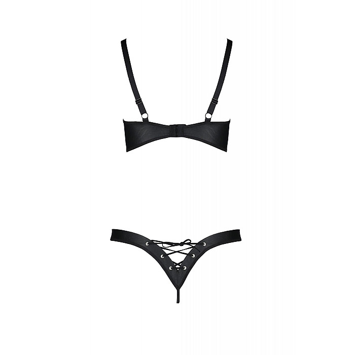 Комплект из экокожи Passion CELINE BIKINI 4XL/5XL black, открытый бра, стринги со шнуровкой