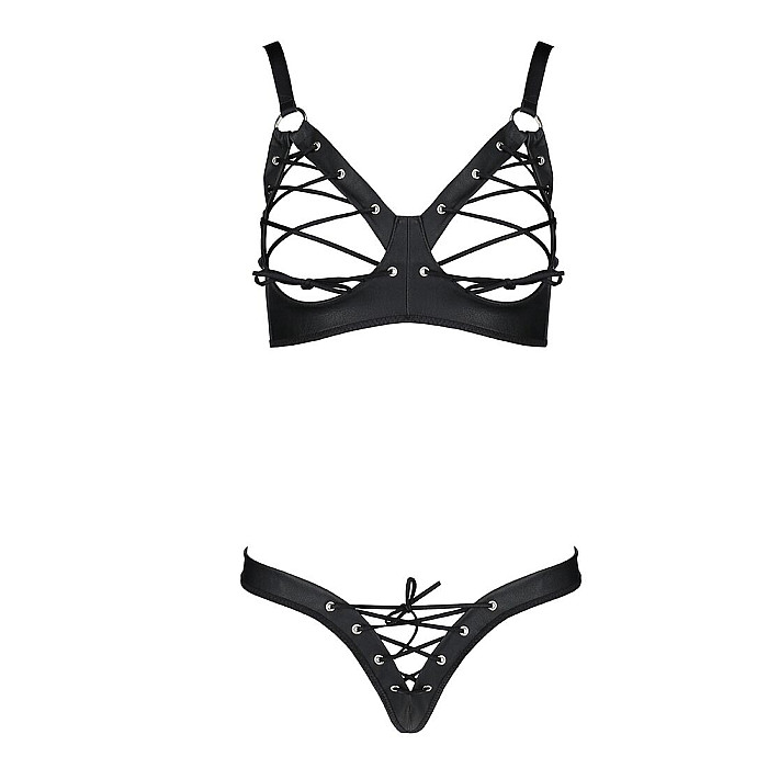 Комплект Passion CELINE BIKINI 2XL/3XL black открытый бра с лентами стринги со шнуровкой, экокожа