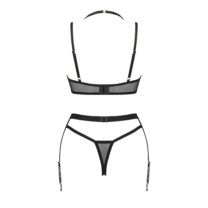 Комплект белья Obsessive Selinne 3-pcs set M/L Black, бюстгальтер, стринги пояс для чулок