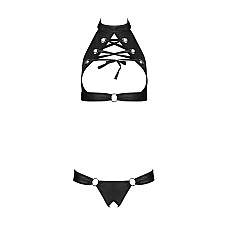 Комплект, открытый топ и трусики из эко-кожи с люверсами Passion MALWIA SET with Open Bra L/XL black
