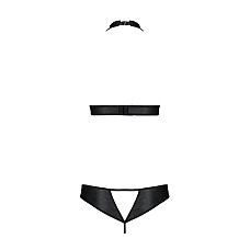 Комплект, открытый топ и трусики из эко-кожи с люверсами Passion MALWIA SET with Open Bra L/XL black