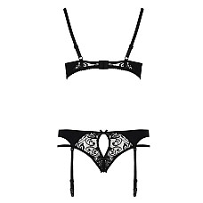 Комплект белья Passion PAULINE SET S/M, black, стрэпы, лиф, стринги и пояс для чулок