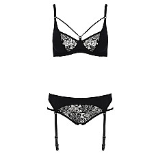 Комплект белья Passion PAULINE SET S/M, black, стрэпы, лиф, стринги и пояс для чулок