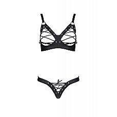 Комплект из экокожи Passion CELINE BIKINI 6XL/7XL black, открытый бра, стринги со шнуровкой