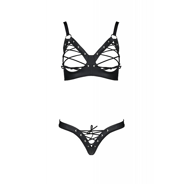 Комплект из экокожи Passion CELINE BIKINI 6XL/7XL black, открытый бра, стринги со шнуровкой