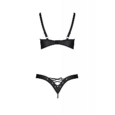 Комплект из экокожи Passion CELINE BIKINI 6XL/7XL black, открытый бра, стринги со шнуровкой
