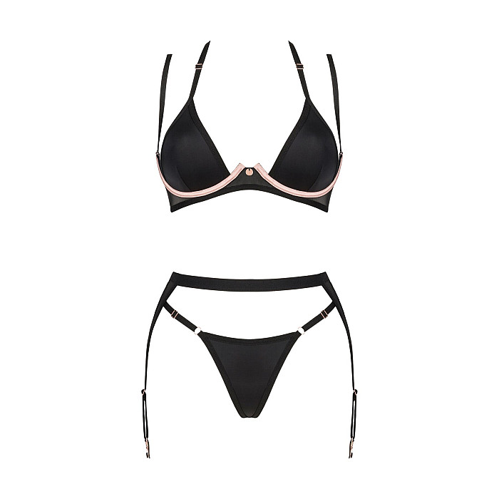 Комплект белья Obsessive Selinne 3-pcs set XL/2XL Black, бюстгальтер, стринги пояс для чулок