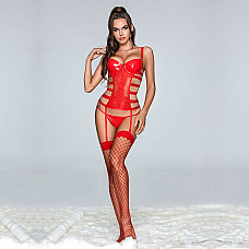 Корсет JSY "Вирджини" с мокрым эффектом One Size Red: ажурный декор, пажи, трусики, чулки