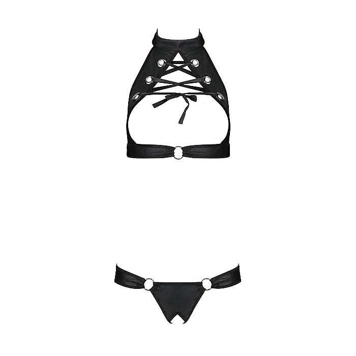Комплект, открытый топ и трусики из эко-кожи с люверсами Passion MALWIA SET with Open Bra S/M, black