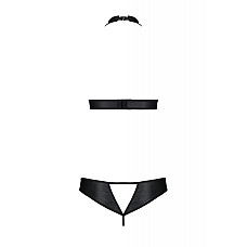 Комплект из экокожи Passion MALWIA SET with Open Bra 4XL/5XL black, топ и трусики с люверсами