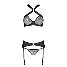 Сетчатый набор, бюстгальтер с халтером, трусики и пояс для чулок AMANDA SET L/XL, black