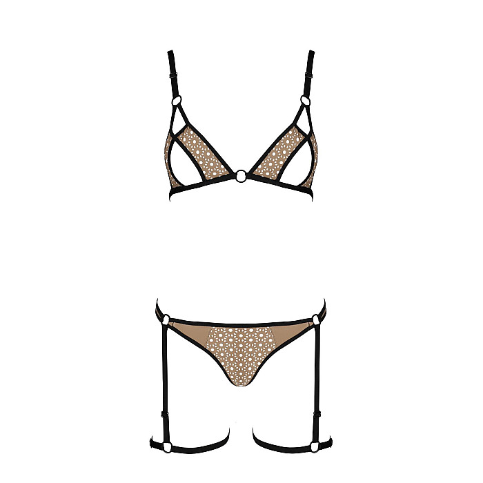 Эротический комплект нижнего белья Passion GABI SET S/M beige, трусики с гартерами