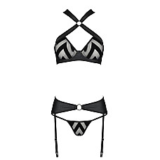 Сетчатый набор с узором, бюстгальтер, трусики, пояс для чулок Passion HIMA SET L/XL black