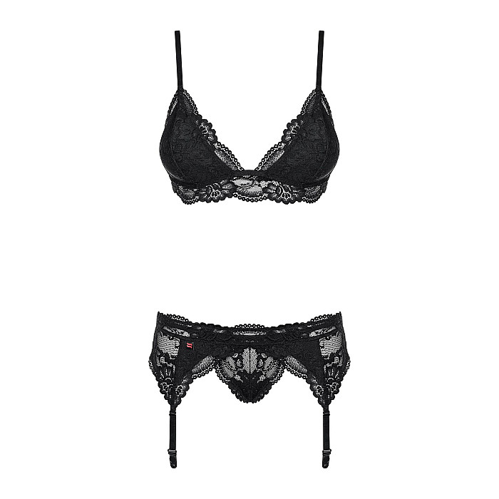 Мереживний комплект білизни Obsessive 810-SEG-1 S/M Black, бюстгальтер, стрінги, пояс для панчіх