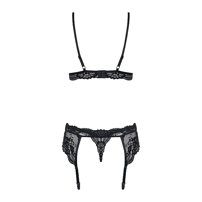 Мереживний комплект білизни Obsessive 810-SEG-1 S/M Black, бюстгальтер, стрінги, пояс для панчіх