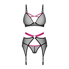 Комплект Obsessive Novenes 3-pcs set, XL/2XL, прозрачный лиф на косточках, стринги, пояс