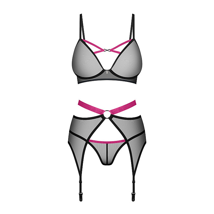 Комплект Obsessive Novenes 3-pcs set, XL/2XL, прозрачный лиф на косточках, стринги, пояс