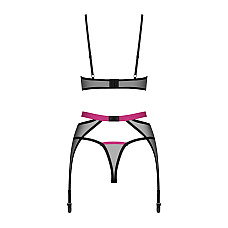 Комплект Obsessive Novenes 3-pcs set, XL/2XL, прозрачный лиф на косточках, стринги, пояс