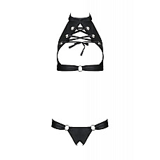 Комплект из экокожи Passion MALWIA SET with Open Bra 6XL/7XL black, топ и трусики с люверсами