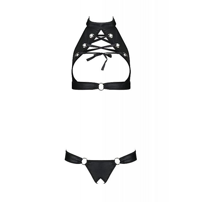 Комплект із екошкіри Passion MALWIA SET with Open Bra 6XL/7XL black, топ та трусики з люверсами