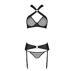 Сетчатый набор, бюстгальтер с халтером, трусики и пояс для чулок AMANDA SET S/M, black