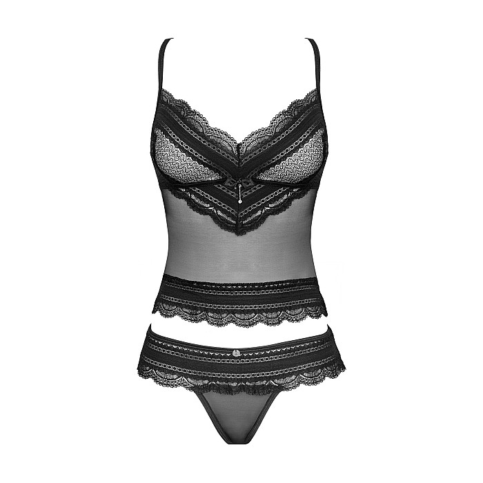 Полупрозрачный набор с украшениями Obsessive Ivannes top & thong S/M, черный, топ и танга