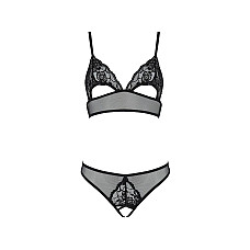 Комплект із бралету з ажурним ліфом та відкритими трусиками Passion CHRISTA SET Open Bra S/M black