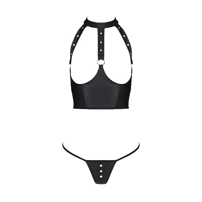 Комплект білизни з відкритими грудьми Passion GENEVIA SET WITH OPEN BRA L/XL black, корсет, стрінги