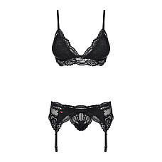 Кружевной комплект белья Obsessive 810-SEG-1 L/XL Black, бюстгальтер, стринги, пояс для чулок