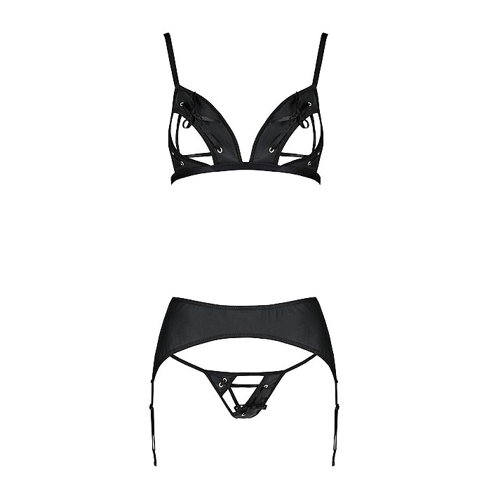 Комплект з екошкіри Passion MILEY SET L/XL, black, трусики, бюстгальтер, пояс для панчіх